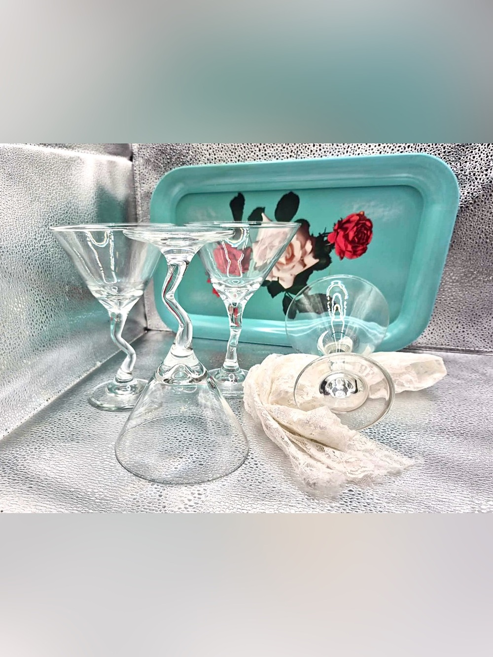 Vintage Libbey Glass Z Stem Martini Glasses - Set of 4 Retro with Blue Rose Tray